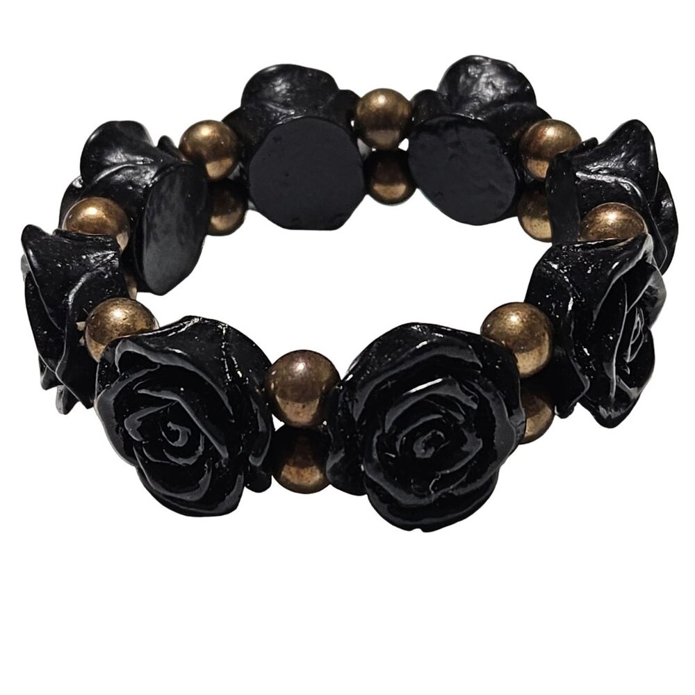 Elegant Carved Black Rose Stretch Bracelet Gold Beads Fashion Jewelry Women